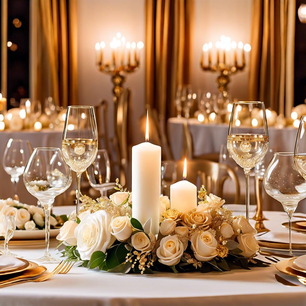 golden candle centerpieces with floral accents