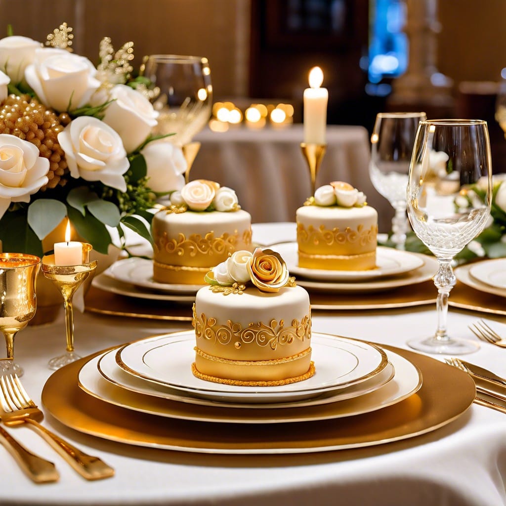 miniature gold anniversary cakes as centerpieces