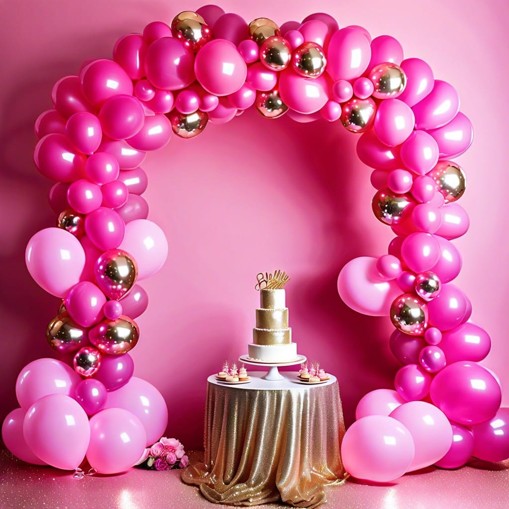 pink balloon arch with glitter accents