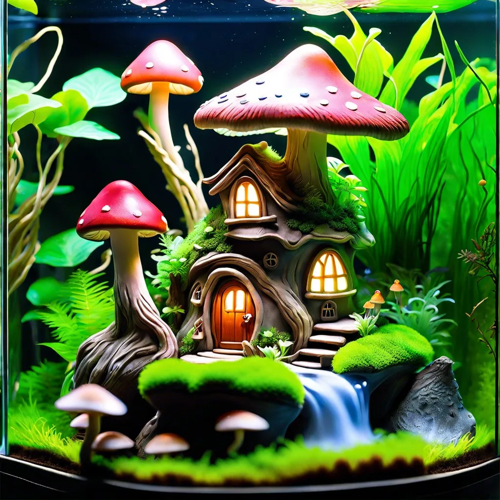 fairy tale forest mushroom houses and fairy figurines