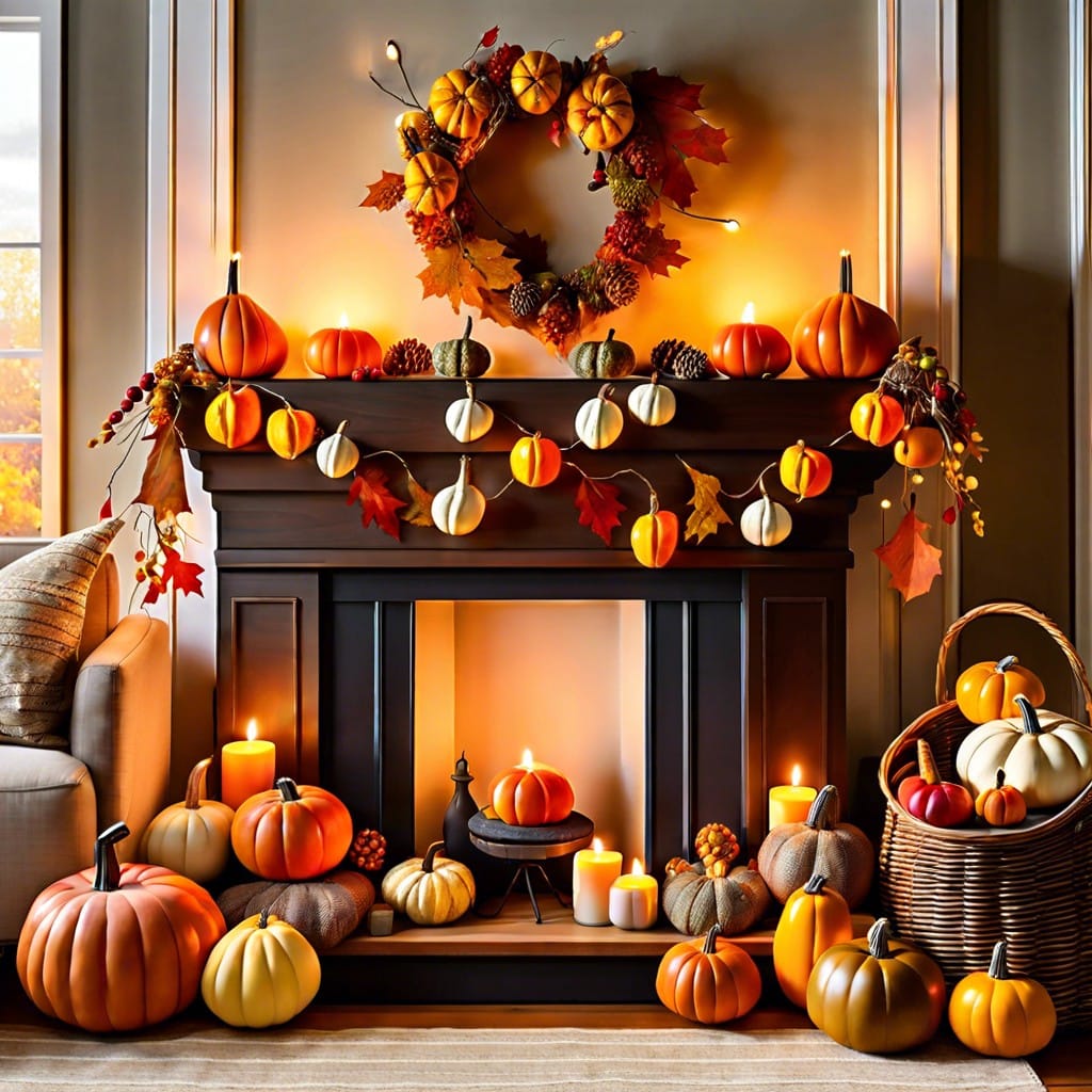 gourd and string light mantel decor