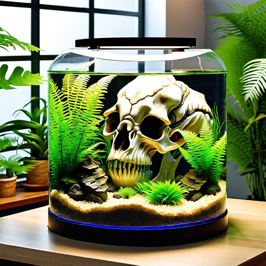 jurassic fish park dinosaur skull replica and fern like plants