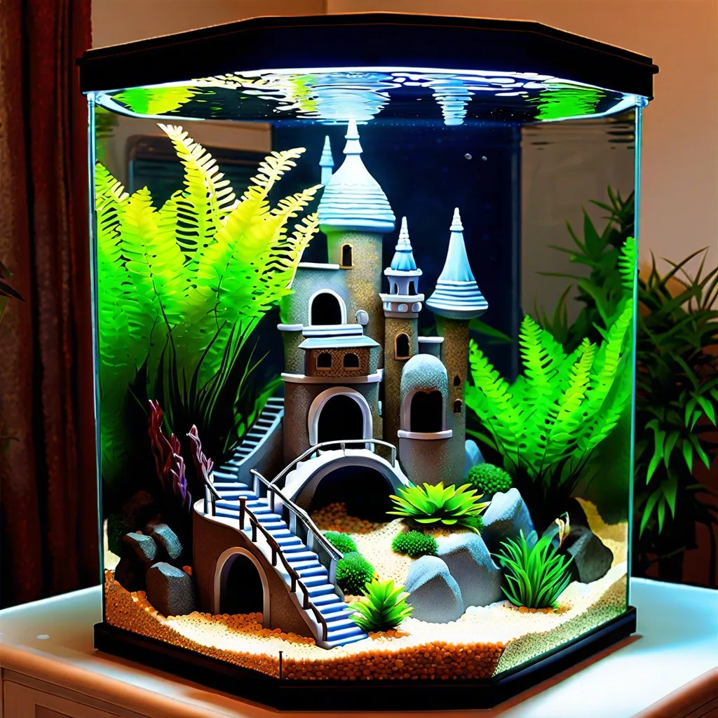 underwater castle mini castle with colorful gravel and fake plants