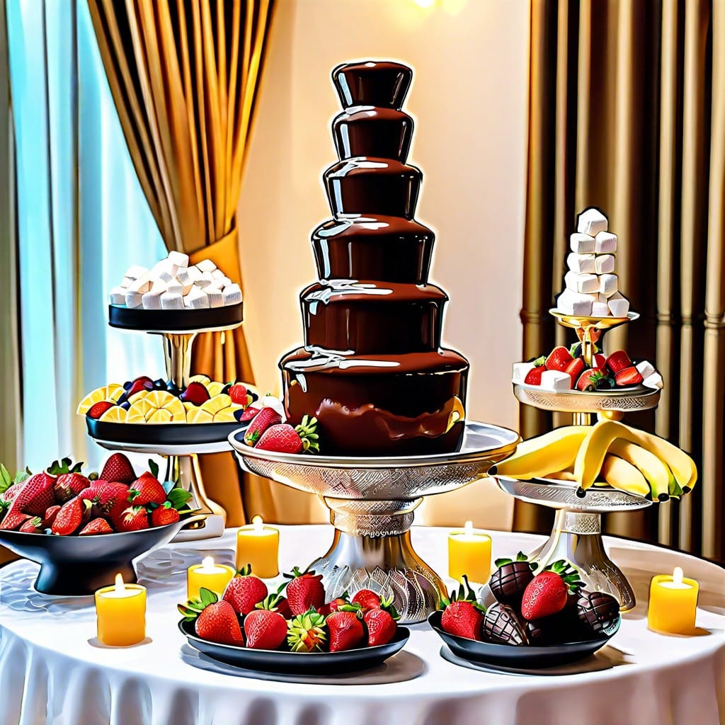 chocolate fountain with fruits and marshmallows