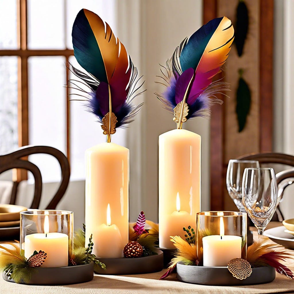 feather embellished candle holders