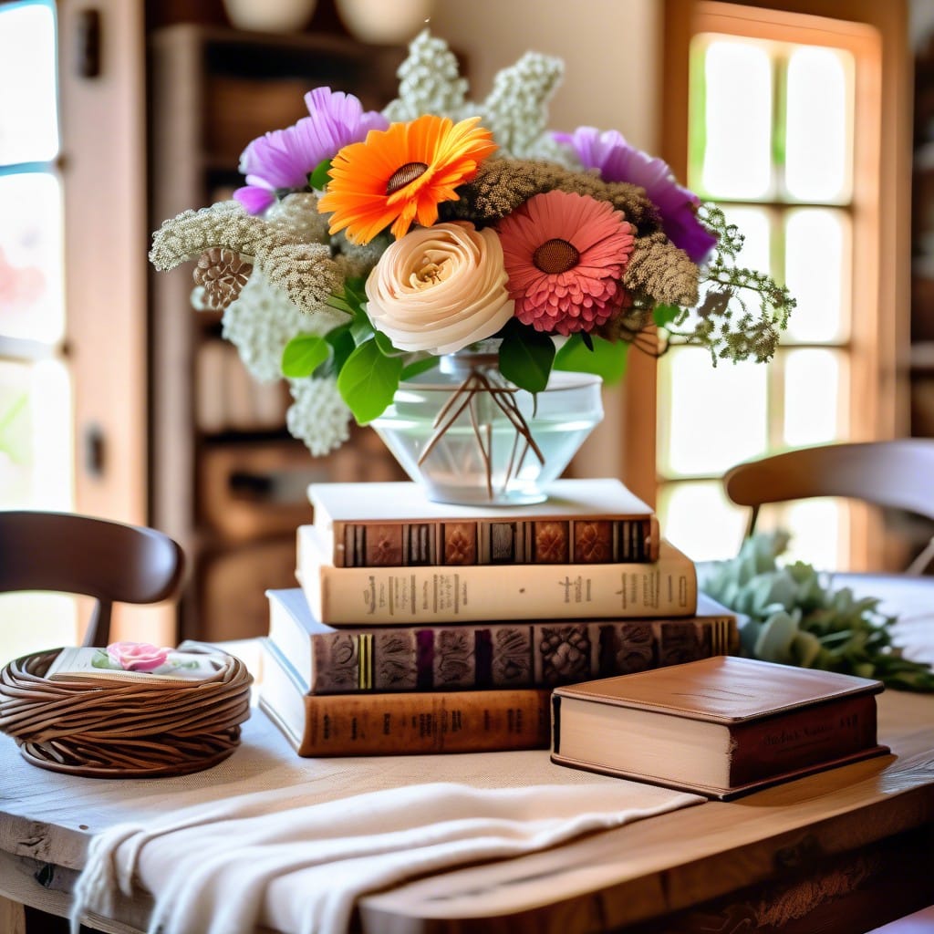 vintage books stacked with flowers