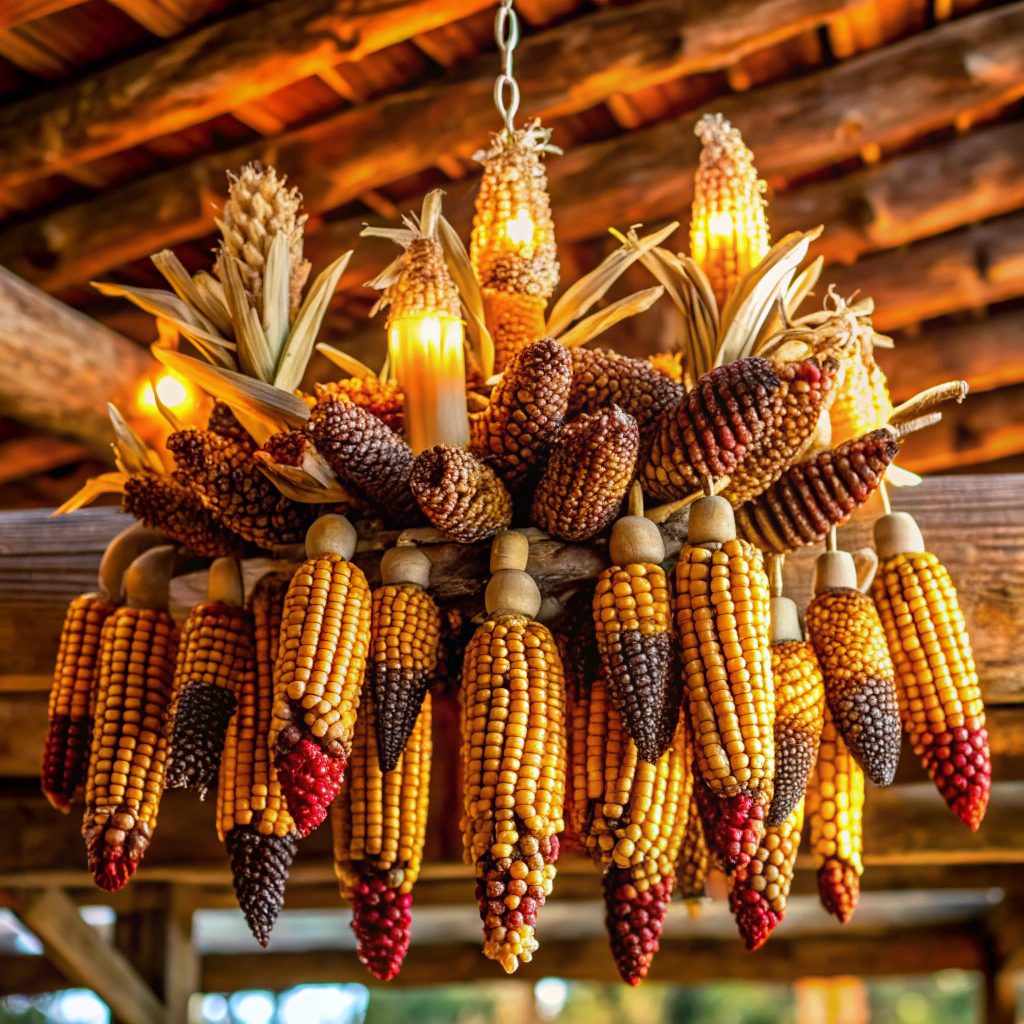 indian corn and pinecone chandelier