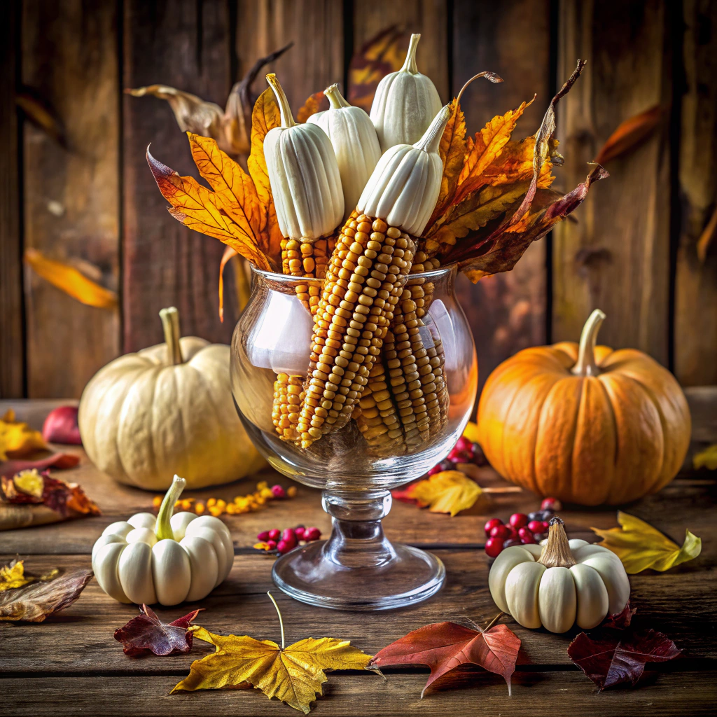 indian corn centerpiece in a glass hurricane vase