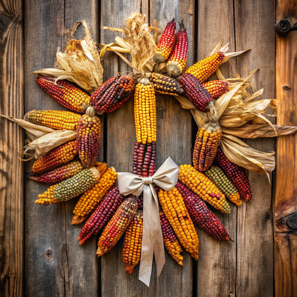 indian corn wreath with burlap bow