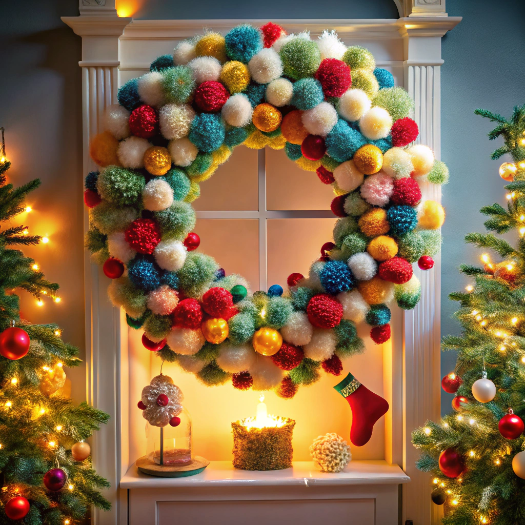 pom pom wreath with fairy lights