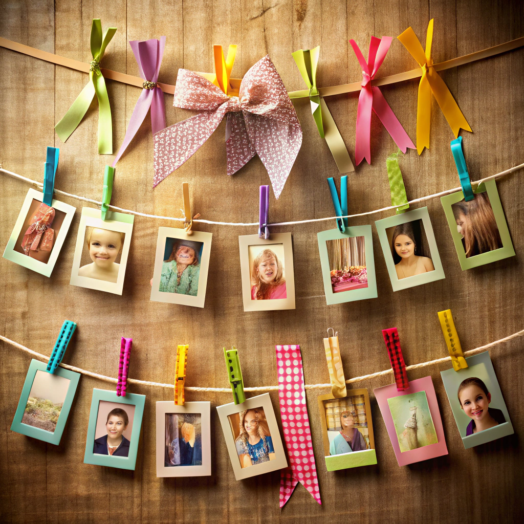 ribbon photo display use ribbons and clothespins to display photos in a creative arrangement