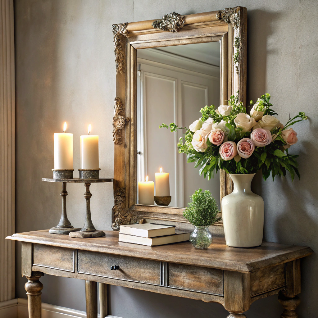 antique mirror with a distressed wooden frame