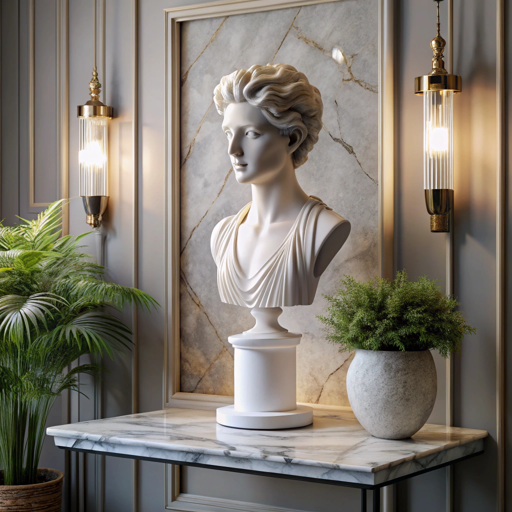 artistic bust atop a marble pedestal