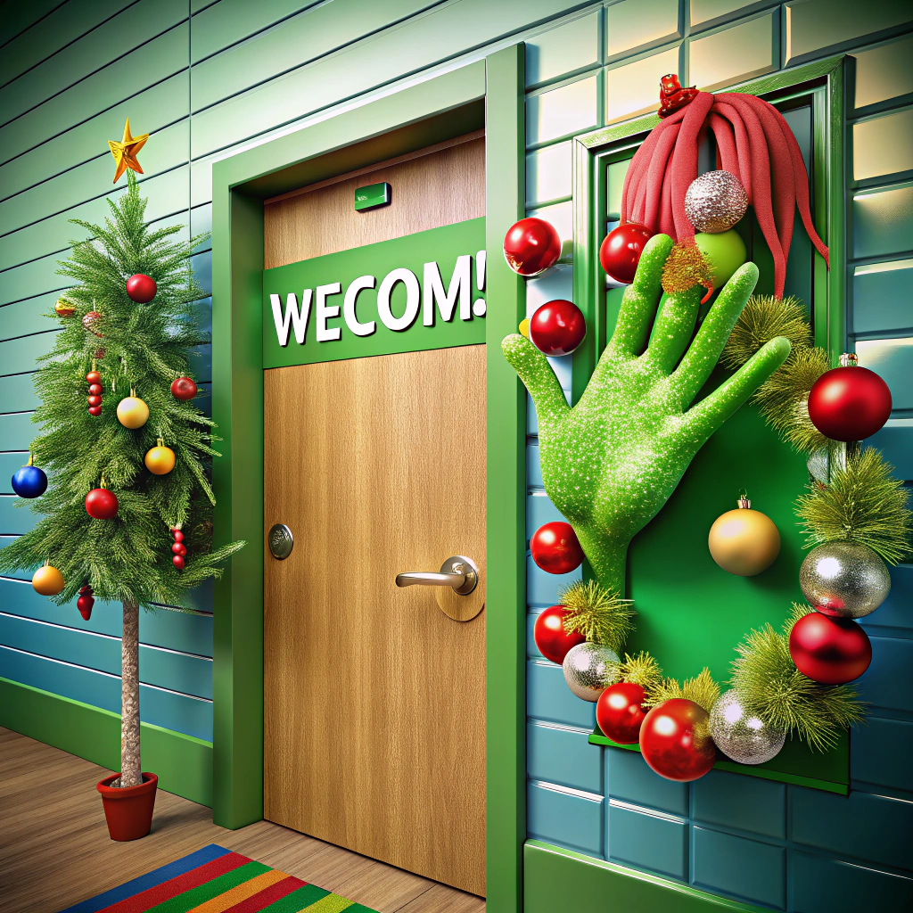 giant grinch hand holding a welcome sign