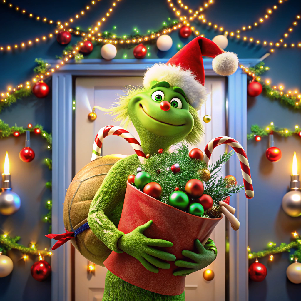 grinch holding a bag of candy canes