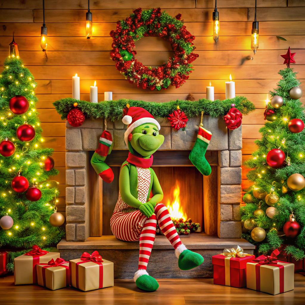 grinch in a fireplace scene