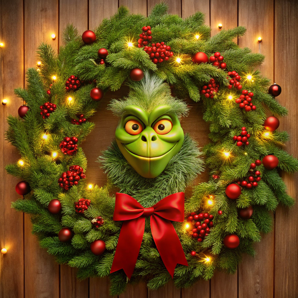 grinch peeking through a wreath