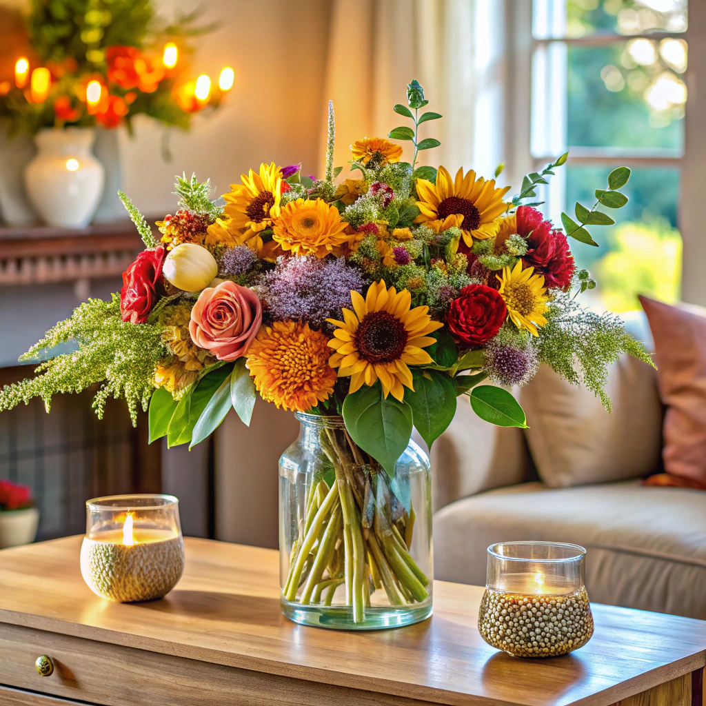seasonal floral arrangement in a unique vase