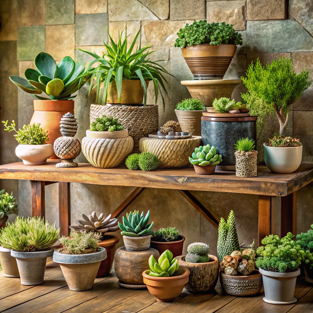 succulent arrangement in eclectic pots