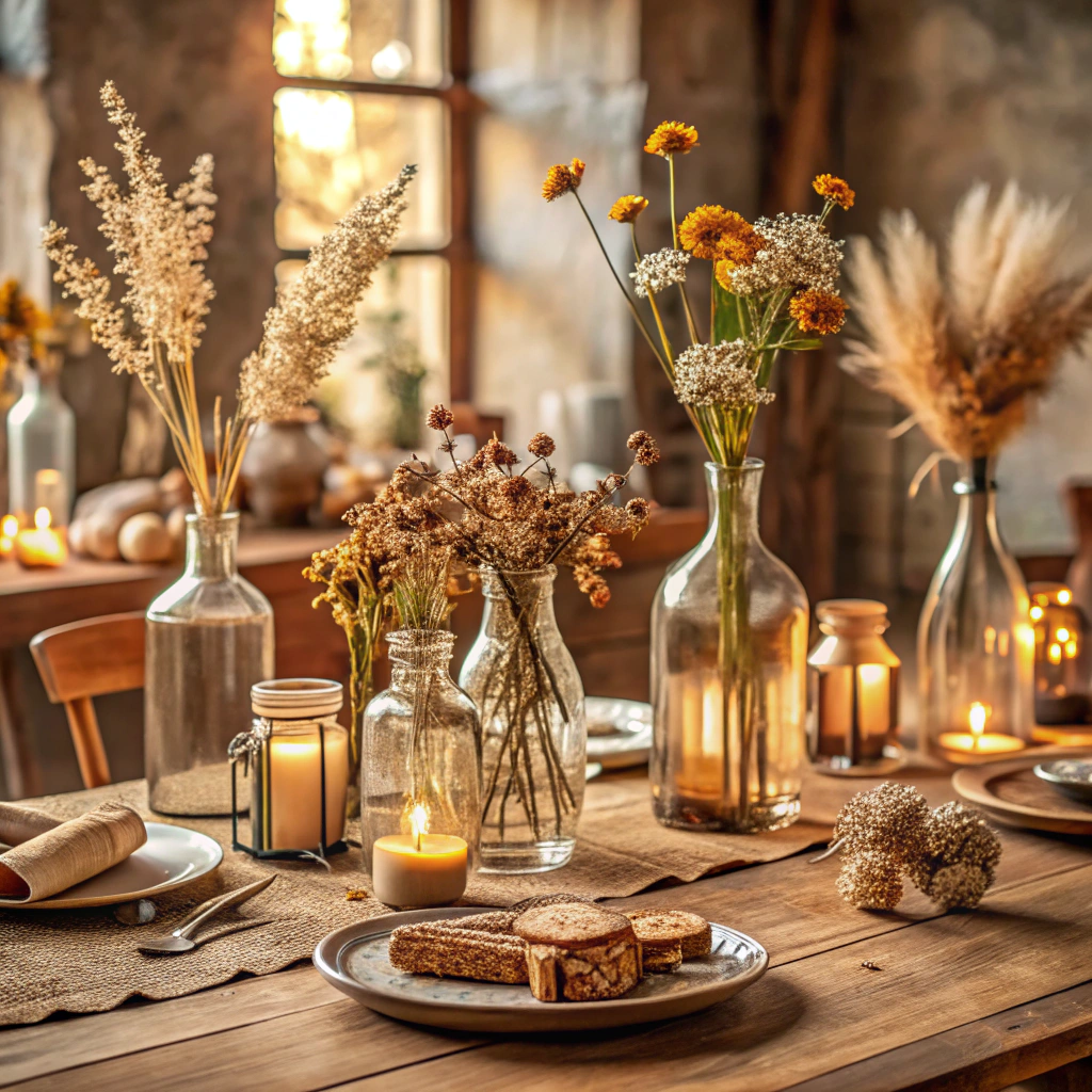 dried flowers in glass bottles