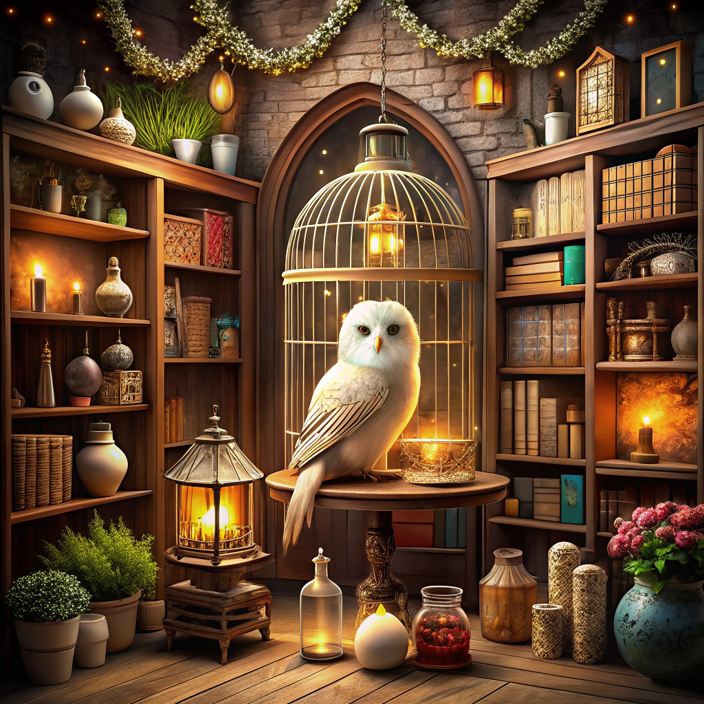hedwig cage with a plush owl inside