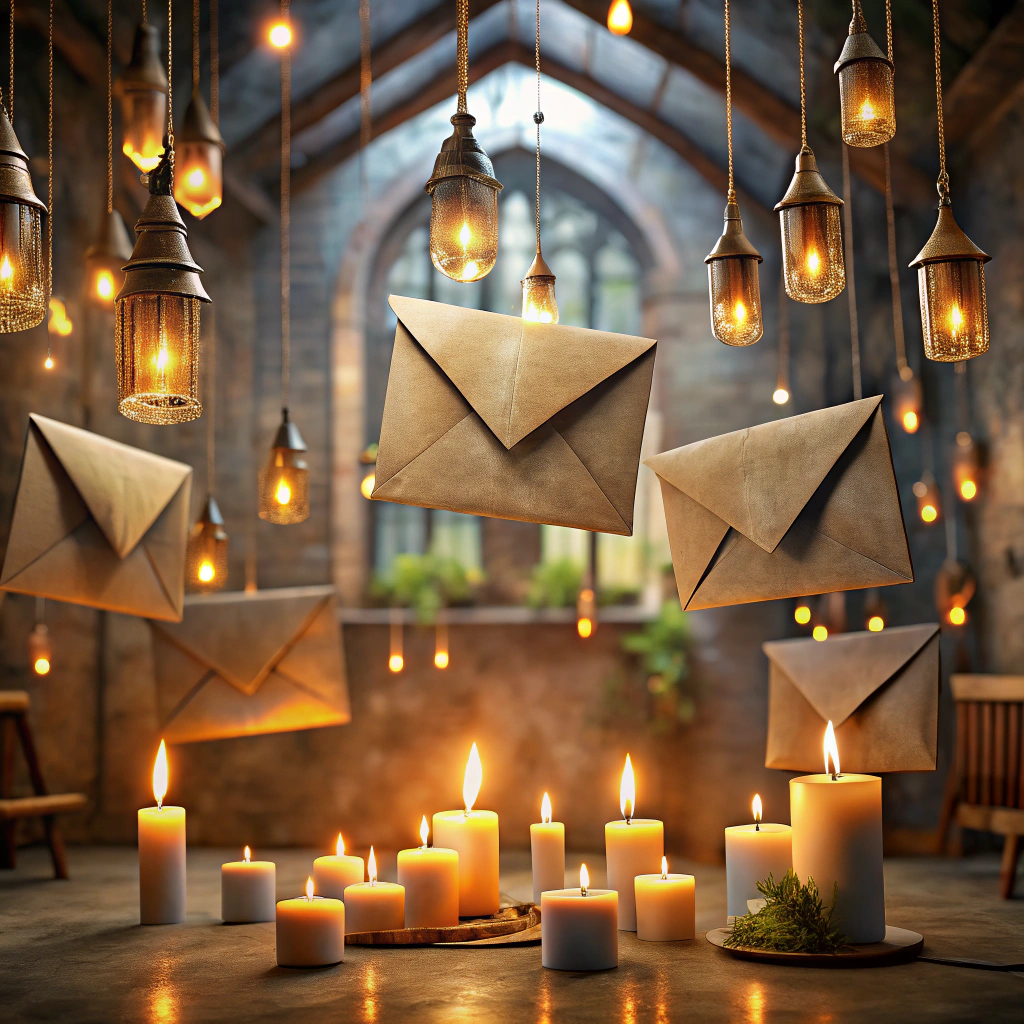 hogwarts letter envelopes suspended by strings