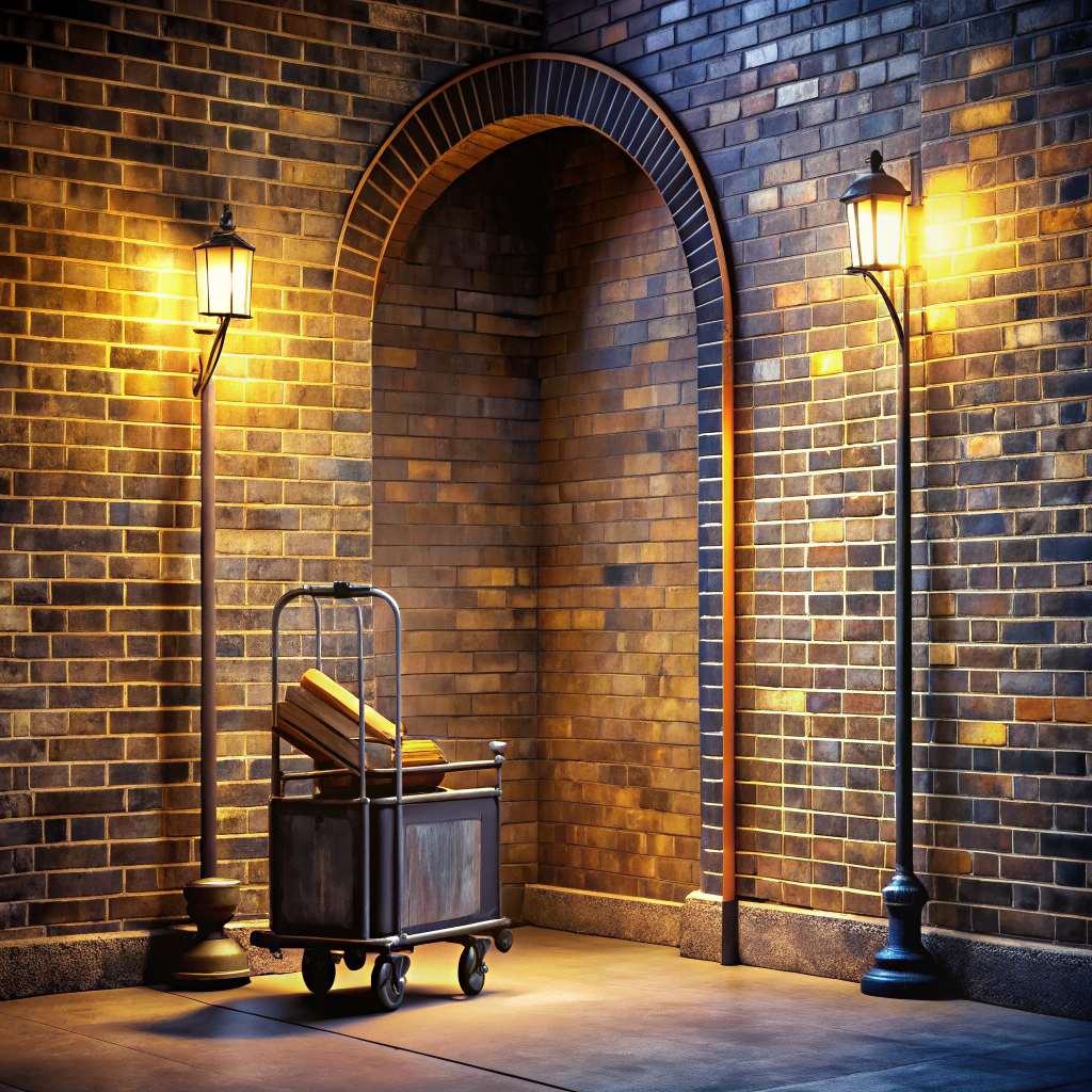 platform 9¾ entrance with a brick wall backdrop
