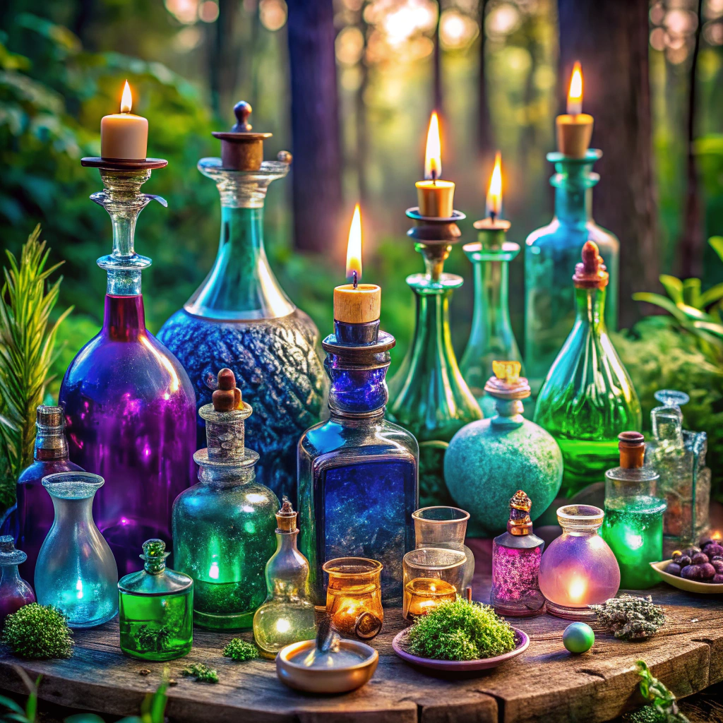potion bottle centerpieces with colored water
