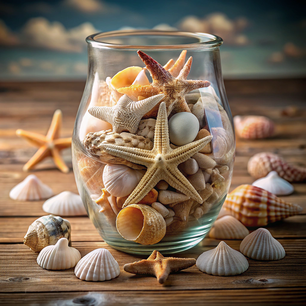 seashell filled glass vases