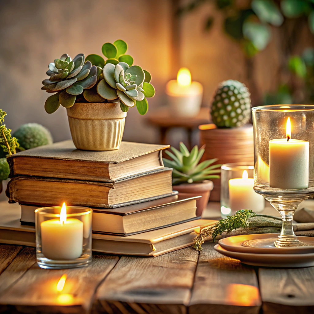 stacked books with votives
