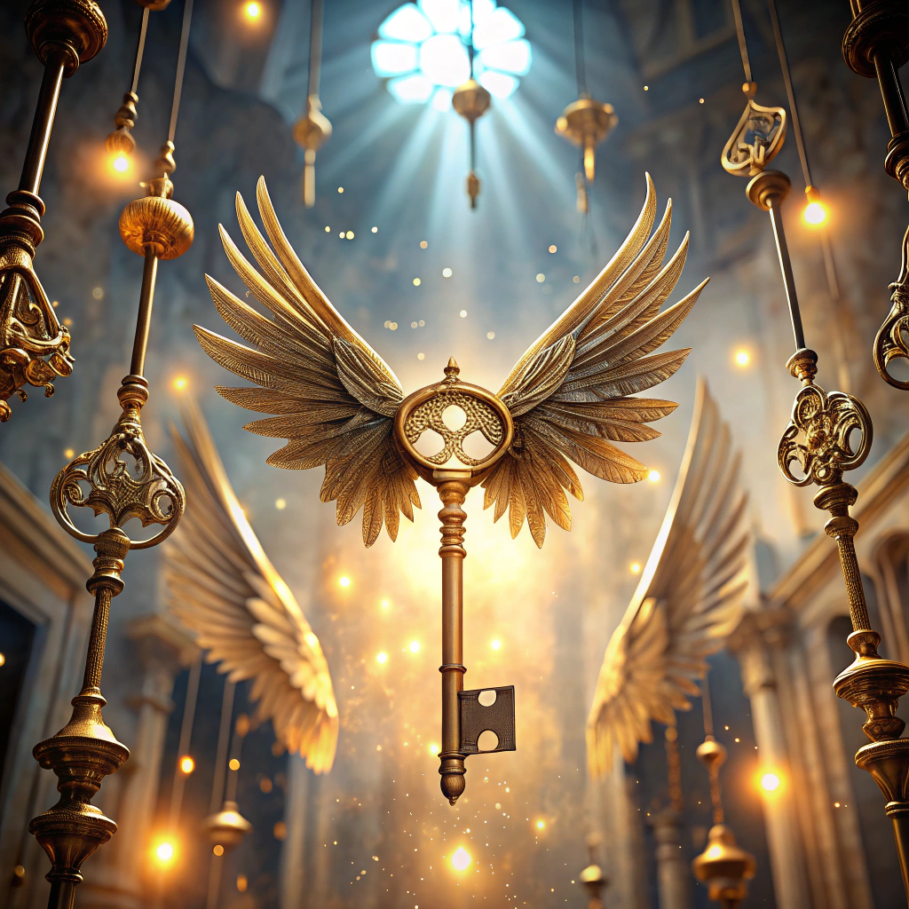 winged keys hanging from the ceiling